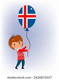 Icon set of Icelandic National Day. Happy children from Icelandic celebrating with balloons, flag, garlands and fireworks. cartoon flat vector illustration