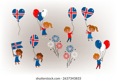 Icon set of Icelandic National Day. Happy children from Icelandic celebrating with balloons, flag, garlands and fireworks. cartoon flat vector illustration