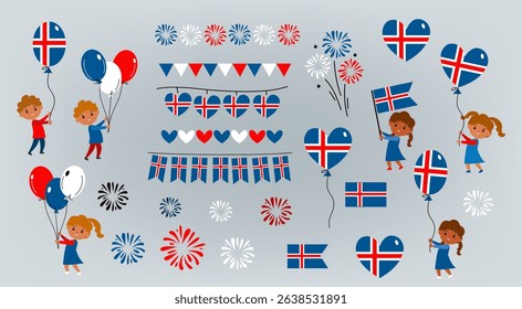 Icon set of Icelandic National Day. Happy children from Icelandic celebrating with balloons, flag, garlands and fireworks. cartoon flat vector illustration