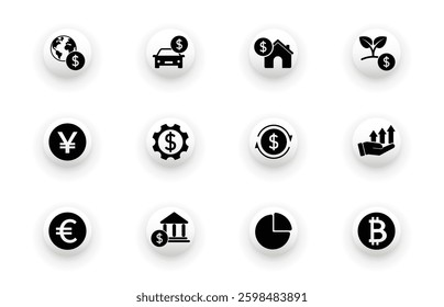 Icon set with icons of banking finance, real estate, cars, money, development. Solid vector icons