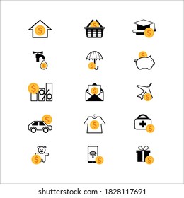 Conjunto de iconos que ilustran los iconos de los diferentes elementos del presupuesto sobre cómo gastar el dinero