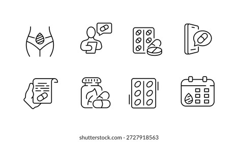 Conjunto de iconos que ilustran la ingesta de medicamentos y los recordatorios de recetas