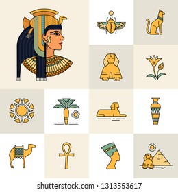 Icon set with an illustration of an Egyptian goddess, Egyptian queen or Egyptian woman. Isolated on white background set of icons and illustrations related to Egypt.