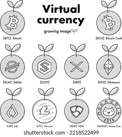 Un conjunto de iconos para la imagen de varios tipos de moneda virtual en crecimiento