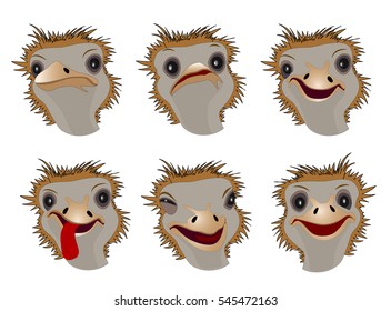 Icon set, image of an ostrich with different emotions