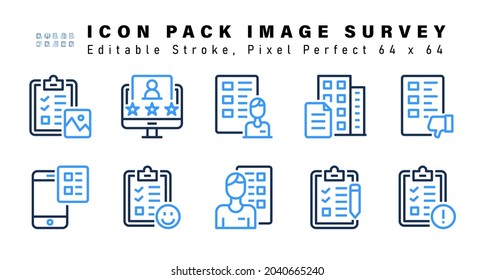 Icon Set of Image Survey Two Color Icons. Contains such Icons as Bad Comment, Phone Survey, Good Rate, Surveyor etc. Editable Stroke. 64 x 64 Pixel Perfect