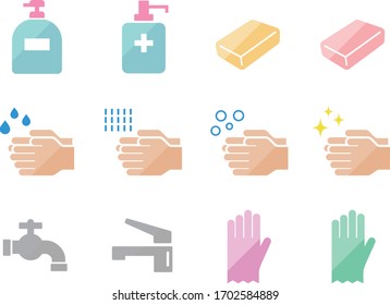 Icon set of images for hand washing, hand soap, disinfection, disinfection, etc.