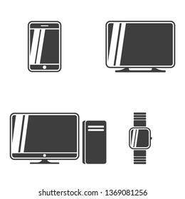 Icon set of images in one style - TV, phone, clock and computer. Vector on white background