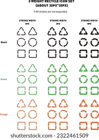 Icon set of images of recycling, cycle drawn with lines (All strokes are not expanded.)