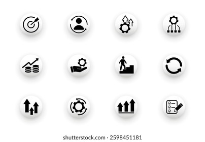 Icon set with improvement, optimization, transformation, growth icons. Solid vector icons.