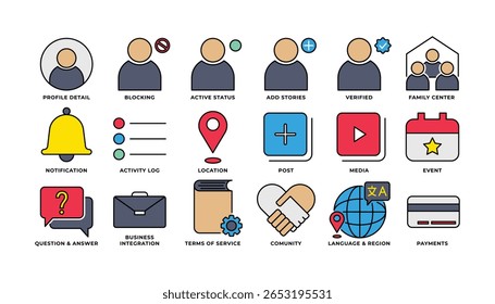 Icon set include Profile, Family Center, Notification, Location, Question and Answer, and more. Perfect for Presentation, Website, Apps Etc. Icon Line Color Style