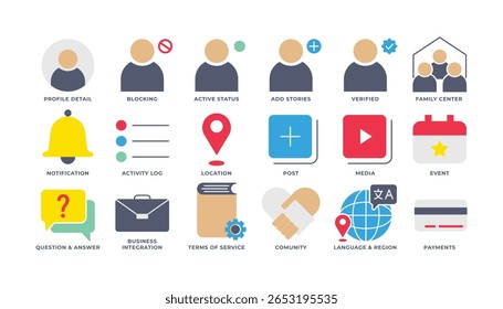 El conjunto de iconos incluye Perfil, Centro familiar, Notificación, Locación, Pregunta y respuesta, y más. Perfecto para presentación, Sitio web, App, etc. Icon Flat Style