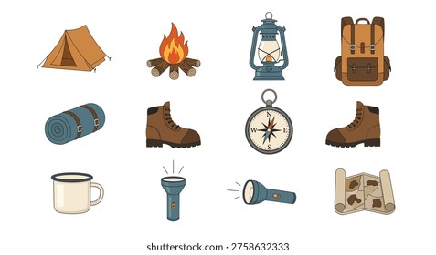 The icon set includes a tent, campfire, lantern, backpack, boots, compass, sleeping bag, flashlight, and mug for wilderness survival.