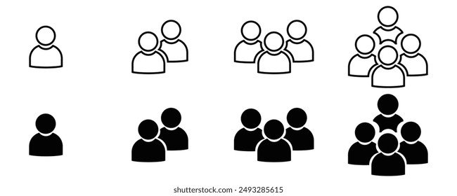 Icon set includes user, person, group, and team icons in a simple linear and solid style. stock vector. eps 10.