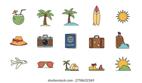 The icon set includes various travel-themed illustrations such as a coconut drink, palm trees, a rocket, sunglasses, a plane, and a suitcase, all part of a larger icon set.