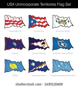 The icon set includes the waving flags of Washington DC, Puerto Rico, US Virgin Islands, Guam, American Samoa, Palau, Northern Mariana Islands, Federated States of Micronesia and Marshall Islands.