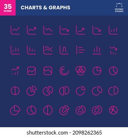 Icon set including chart nad graph variations. Bar graph, pie graph, line graph. Editable stroke.
