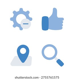 Icon set including location pin, magnifying glass, and user settings for local marketing.