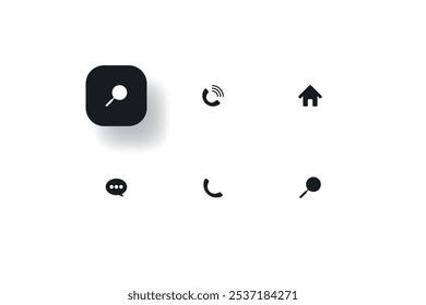 icon set including a loupe telephone chat bubble and home button
