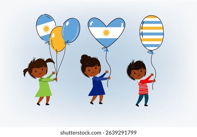 Icon set of Independence Day in Argentina. Happy children from Argentina celebrating with balloons, flag, garlands and fireworks. cartoon flat vector illustration	
