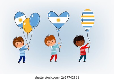 Icon set of Independence Day in Argentina. Happy children from Argentina celebrating with balloons, flag, garlands and fireworks. cartoon flat vector illustration	
