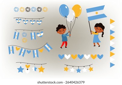 Icon set of Independence Day in Argentina. Happy children from Argentina celebrating with balloons, flag, garlands and fireworks. cartoon flat vector illustration	
