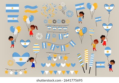 Icon set of Independence Day in Argentina. Happy children from Argentina celebrating with balloons, flag, garlands and fireworks. cartoon flat vector illustration	
