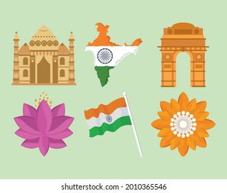 icon set indian independence monuments flag