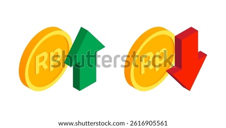 Icon set of Indonesian Rupiah currency appreciation and depreciation. Rupiah coin with green up and red down arrow. 3D isometric illustration.