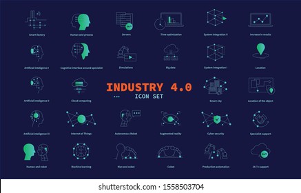 Icon set for Industry 4.0: big data, Smart factory, Augmented reality, Autonomous Robot, Internet of Things, Machine learning, Cobot, Production automation, Cybersecurity, Artificial intelligence, 