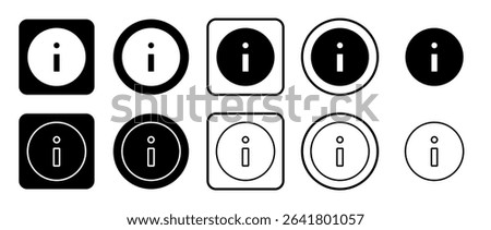 Icon set of info symbol. Filled, outline, black and white icons set, flat style.  Vector illustration on white background