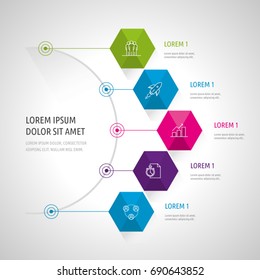 Icon Set and Infographics. Color vector time axis. Template with hexagons.