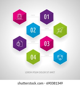 Icon Set and Infographics. Decorative Flags. Color vector time axis. Template with hexagons.