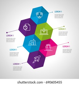 Icon Set and Infographics. Decorative Flags. Color vector time axis. Template with hexagons.
