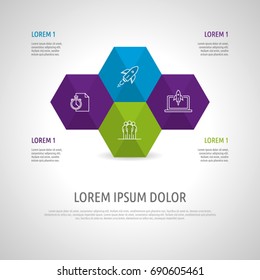 Icon Set and Infographics. Decorative Flags. Color vector time axis. Template with hexagons.