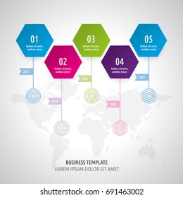 Icon Set and Infographics. Decorative Flags. Color vector time axis. Template with hexagons.