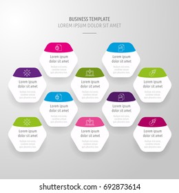 Icon Set and Infographics. Decorative Flags. Color vector time axis. Template with hexagons.