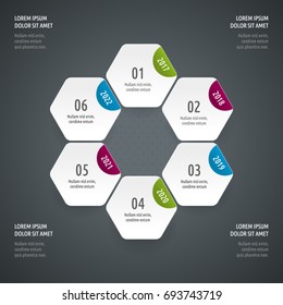 
Icon Set and Infographics. Decorative Flags. Color vector time axis. Template with hexagons.