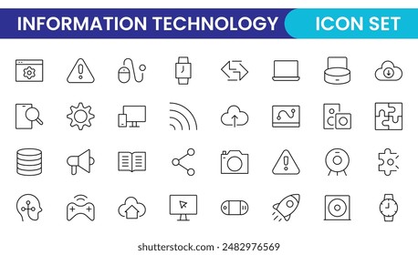 Icon Set of  Information technology outline style. IT network,  IT Technology, internet, website, data, software, communication, Cloud, Share, Technology, IOT, Business, Programming Thin Line Icons 