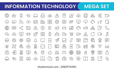 Conjunto de iconos de estilo de esquema de tecnología de la información. Red de TI, Tecnología de TI, Internet, Sitio web, datos, software, comunicación, Nube, Compartir, Tecnología, IOT, Negocios, Programación 