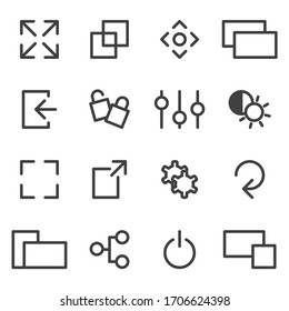 Icon set of internal screen settings. Linear execution of simple symbols for adjusting the TV screen from turning on and adjusting color and brightness. Isolated vector on a white background.