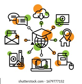 Icon set of internet education, Online learning , e-learning resources, distant digital online courses. Icons vector illustration, clip art. Virtual education concept.