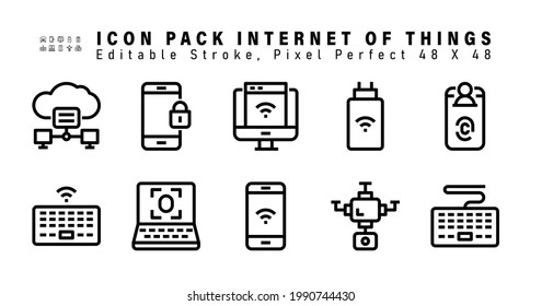 Icon Set of Internet Of Things  Vector Line Icons. Contains such Icons as Fingerprint, Keyboard, Face Recognition, Handphone etc. Editable Stroke. 48x48 Pixel Perfect