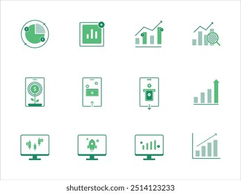Icon set of investment duotone icons. 
Design of 12 filled icon. Signs of investment isolated on a white background.
