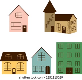 Icon set of isolated rural houses drawing by hand in flat style