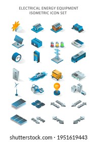 Icono conjunto de ilustración isométrica. algunos paneles solares y de energía eléctrica complementarios 