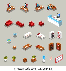 Icon Set of Isometric Office Furniture and Business Working People: Receptionist at the Desk, Colleagues, Manager, Water Cooler, Book Shelves, Flower, Sofa, Armchair, Chair, Diagram, Infographics. 