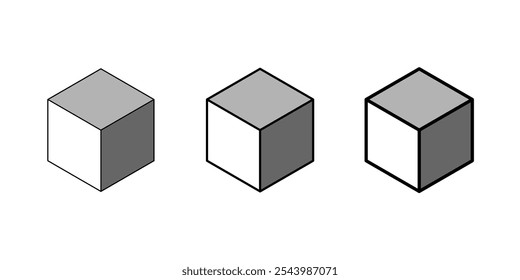 Icon Set of Isometric Wireframe Solid Shaded Cubes with Various Lineweights from Thin to Thick Lines. Vector Image.