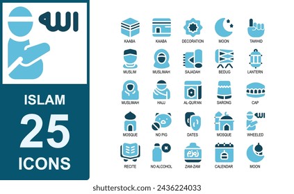 icon set iuslam.duo tone style.contains decoration,monotheism,muslimah,prayer rug,drum,hajj,quran,sarong,skullcap. vector illustration set