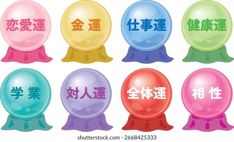 Icon set of the judgment menu of the fortune-telling and Japanese letter. Translation : "Romance luck" "Money luck" "Work luck" "Health luck"  "Affinity"